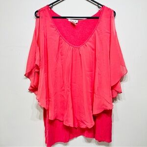 Chicshoppe Women’s 3X Coral Pink cold Shoulder Blouse Sheer Overlay